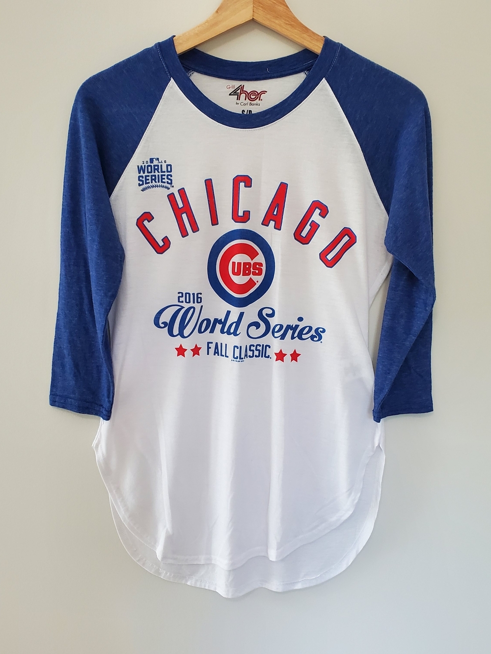 Carl Banks Chicago Cubs 2016 World Series Women's Baseball Tee Sz S Raglan GUC